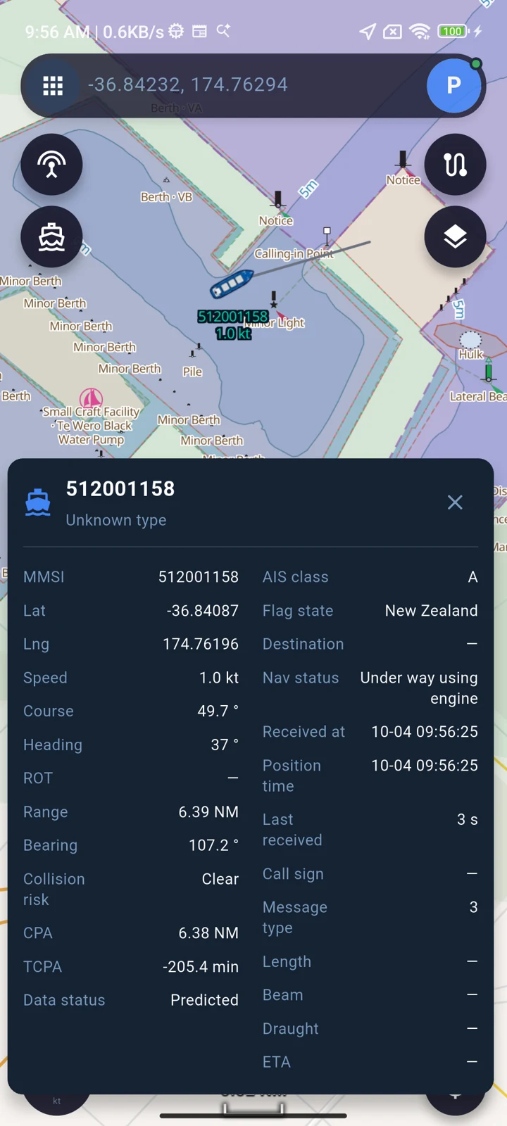 Connect compatible equipment to view received vessel positions and details on the chart.
