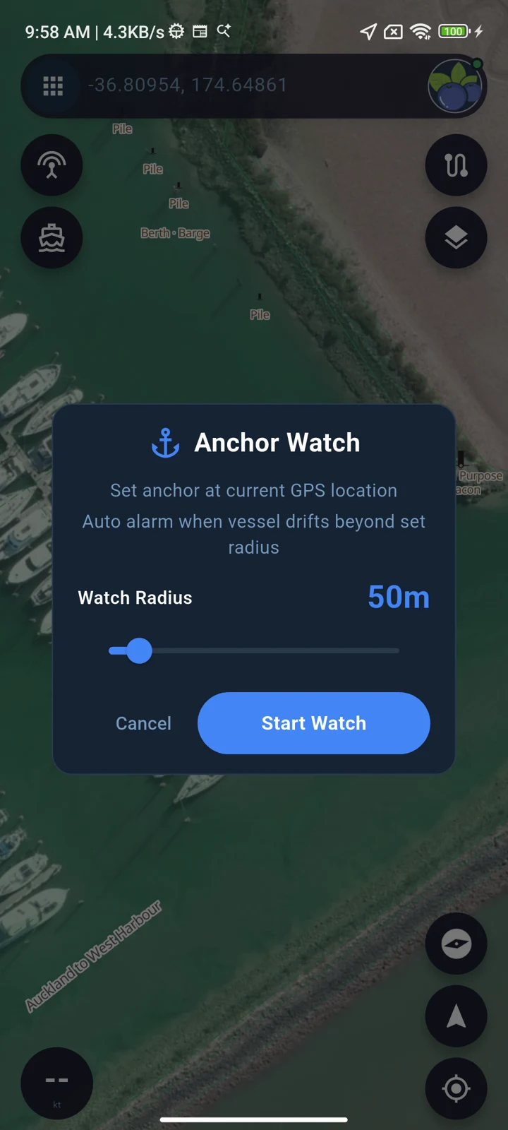 Set an anchor position and watch radius. Receive an alert when your position moves outside the circle.