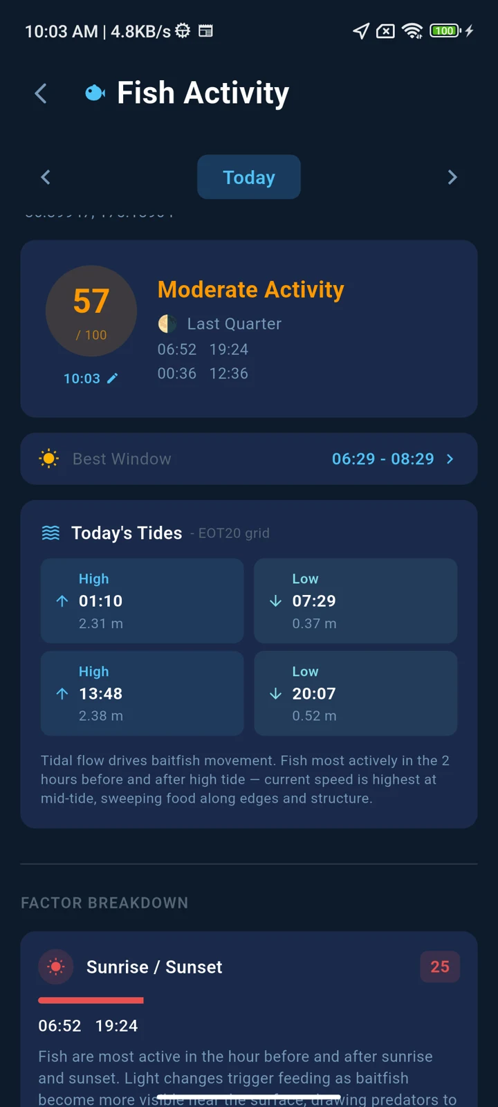 Check fish activity, moon phase and sunrise and sunset times alongside tides.